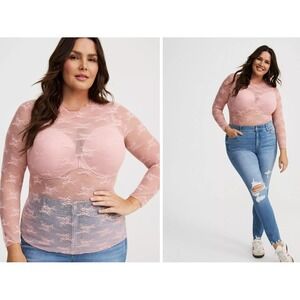 Torrid floral Lace Overlay Sheer Crew Top Long Sleeve Top Pink Size 1 14/16